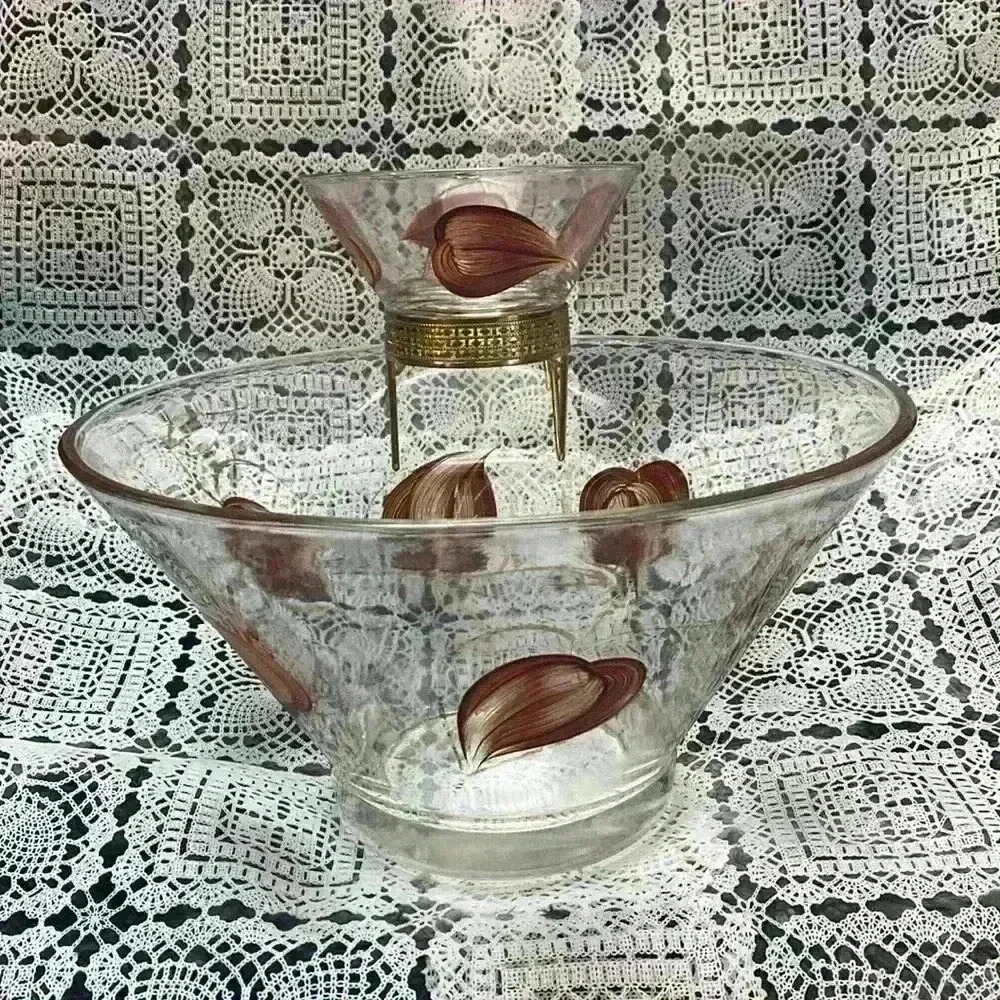 Vintage Glass Chip & Dip Set 
Mid Century Modern  Brown & Gold